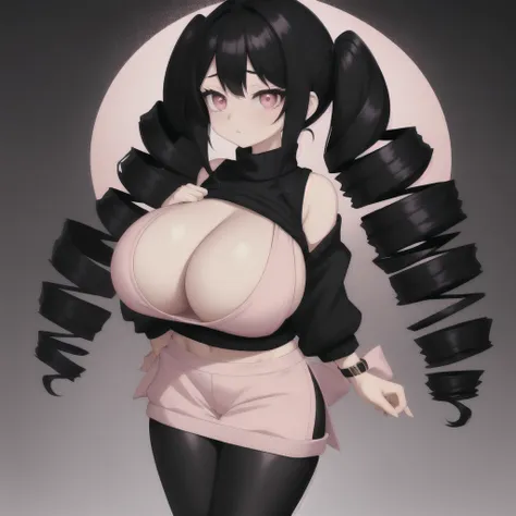 black hair, female, twin drills hair style, solo, smol, pink eyes, massive breasts, very long hair, wear open cut black sweater and leggings, masterpiece, ultra high quality