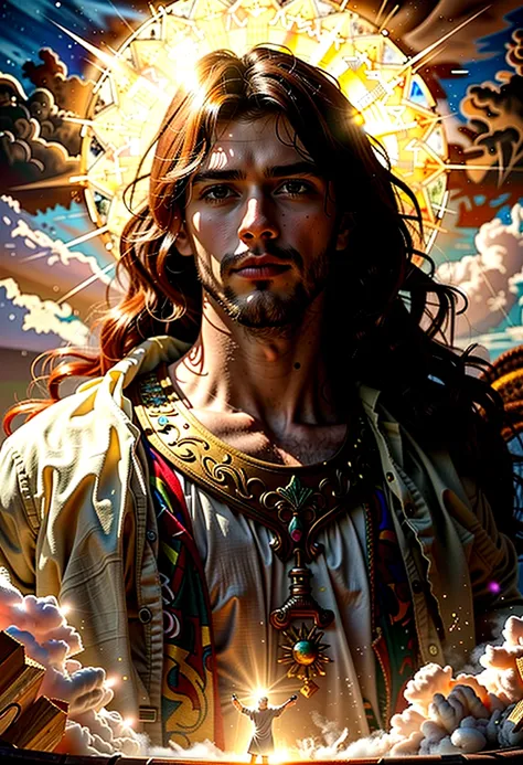 cinematic dramatic portrait of jesus christ, jesus christ in glory, jesus christ in the sky, jesus christ surrounded by light, jesus christ in divine atmosphere, masterful oil painting, highly detailed, photorealistic, dramatic lighting, cinematic composit...