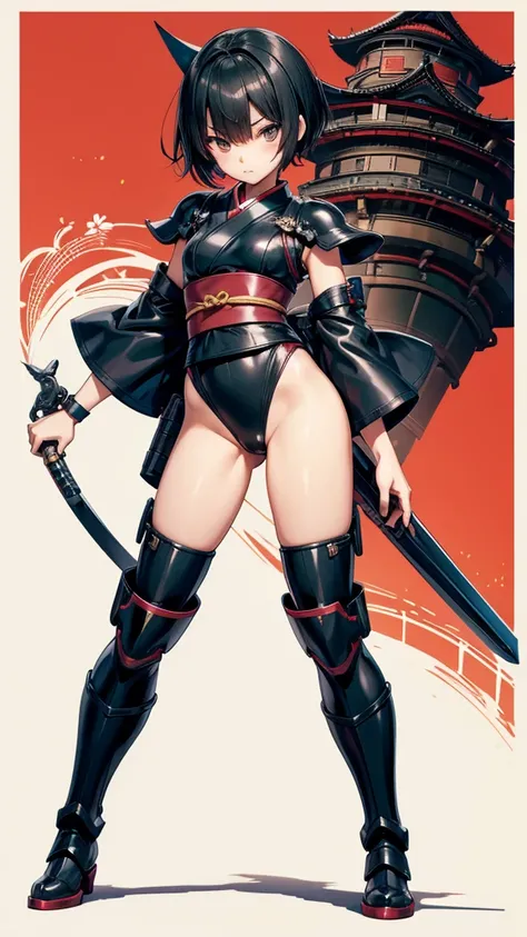 Black short-haired girl with doll head and flat chest，Japanese Ninja，Kimono with short sleeves，Breastplate，Hand guard，One-piece swimsuit，Bare Legs，iron boots，Standing，Japanese castle roof