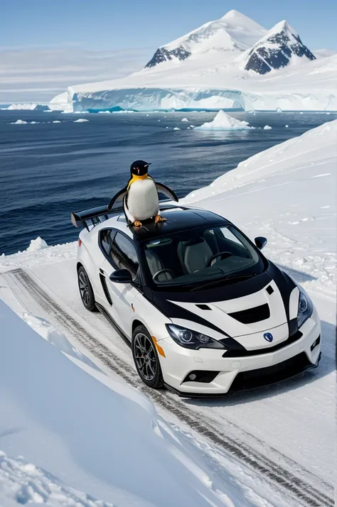 Penguin driving a sport car on Antarctica 