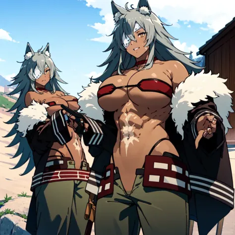 gray hair, gray long hair, ((yellow eyes)), eye patch, (((muscular))), big breasts, happy, (tanned skin), ((black clothes)), sexy, Ghislaine Dedoldia of Mushoku Tensei, fur-trimmed jacket, green pants, open fly, open belt, bikini top only, red choker, cat ...