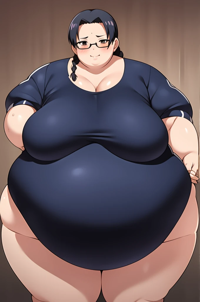 Anime Women, Lady、Black Hair, Forehead、Braid、Glasses、Brown eyes、Are fat、Chubby、Voluptuous、obesity、Double chin、Cheek、Fatty neck、Big Breasts、Saggy breasts、Thick upper arms、tall、Unitard、Training wear、Gloss、Sweat、blush、Run