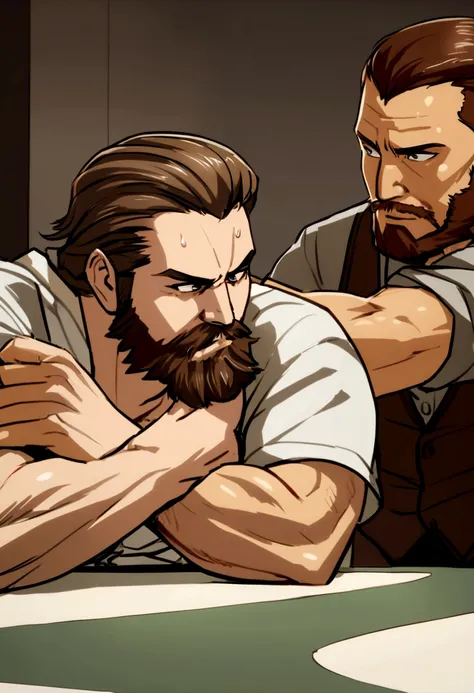 guy with long brown hair, with a brown and mid beard winning in arm wrestle against other guy