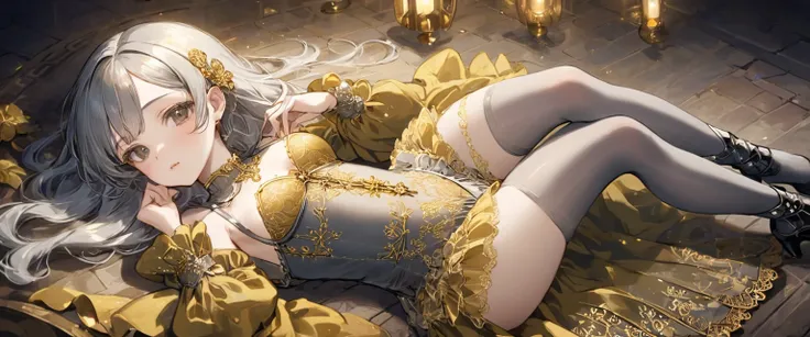 Medieval１People Girls、 Gold and silver embroidery、In underwear、Knee-length semi-transparent bloomers（With gold and silver lace）Wearing、Wearing a semi-transparent corset、 Grey translucent tights、Lying down