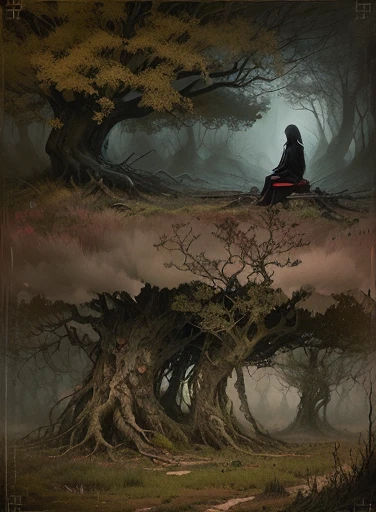 there is a drawing of a woman sitting on a tree, desolate. digital illustration, creepy!!, eerie moorlands behind her, dramatic illustration, fan art, eerie and grim art style, by Shingei, sad scene, inspired by Riusuke Fukahori, [ conceptual art ]!!, an o...