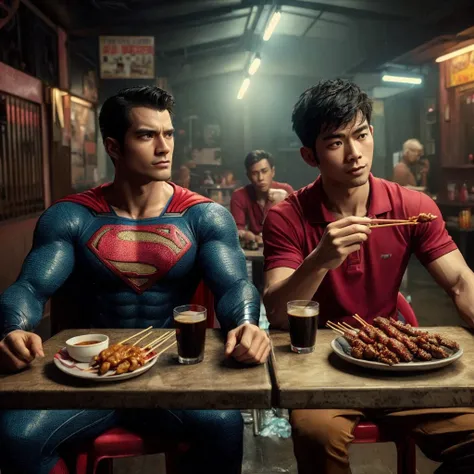 Create a hyper realistic photo of Superman and a 25 year old Asian man with short, spiky hair wearing a red polo shirt sitting on chairs near a table in a seedy bar while eating satay and drinking black coffee ,4k,cinematic,uhd, ultra realistic