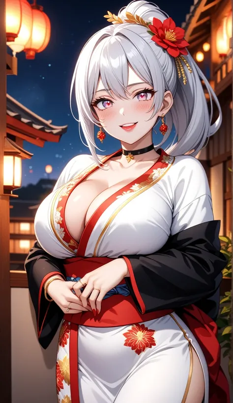 ((One personの女性)), Beautiful Face, crossed arms,Laughing embarrassedly,((Wink:1.9)),Laugh with your mouth wide open((Bright red cheeks:1.4)),Shiny red lips,night,rooftop,Festive decorations,You can see the ocean, firework,Laughing with your mouth open,Glos...