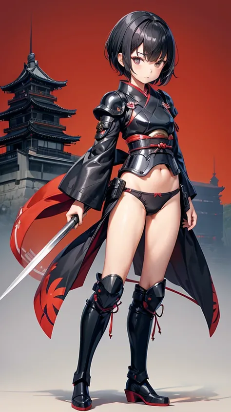 Black short-haired girl with doll head and flat chest，Japanese Ninja，Kimono with short sleeves，Breastplate，Hand guard，underwear，Bare Legs，iron boots，Standing，Japanese castle roof