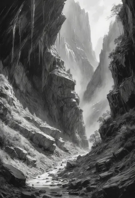 stunning black and white graphite sketch of Stonewain Valley , panoramic shot, from The Lord Of The Rings trilogy, in dynamic pose, by Anna Razumovskay, (by Alyssa Monks:1.1), by Joseph Lorusso, by Lilia Alvarado, beautiful lighting, sharp focus, 8k, high ...