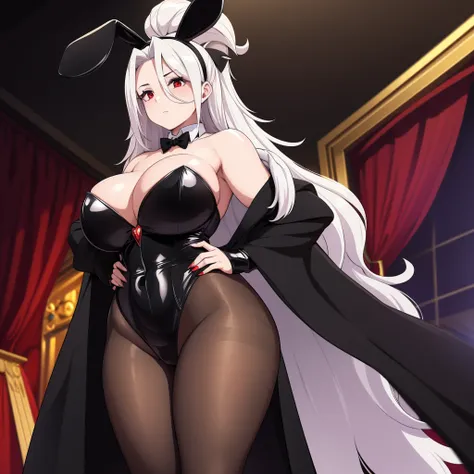 A woman wearing a playboy bunny costume, black bonny tiara, long white hair, transparent black tights, red eyes, long white hair, big breasts, wearing a black fur cape, standing in a luxurious room,UHD, prime work, accurate, anatomically correct, textured ...