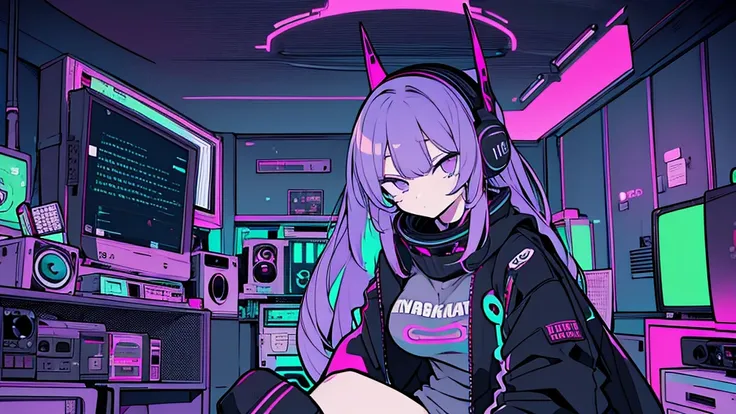 Best quality, (masterpiece:1.2), best detail face, 1 girl, big breasts, 18 yo, 8k,absurdres,unity 8k wall paper,(extremely detailed:1.3), highest realistic, (retro headphones:1.1), (soft neon light:1.1), (floating hair:1.2), (psychedelic:1.2), Her room ful...