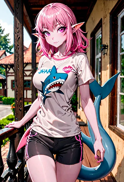 solo, female, shark humanoid, pink and white skin, small snout, short messy pink hair, curvaceous, large breasts, anthro, porch, street, pink shark tail, large pointed ears, slender, shorts, t-shirt, close up