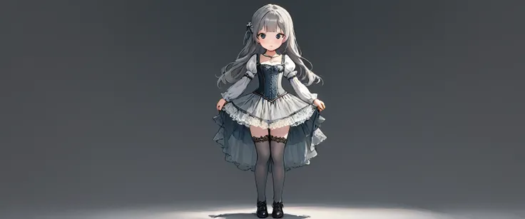 8 year old medieval girl, underwear姿、Translucent bloomers with knee-length lace（underwear）Wearing、Wearing a semi-transparent corset、Grey translucent tights