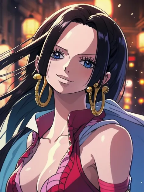 Boa Hancock from One Piece, detailed face, beautiful blue eyes, small smile, wears earrings; big breasts, cleavage, loose and stylized hair, long beautiful hair, wears Boa Hancock earrings, (wears a red dress), (wears a white cape), has cleavage, bare abdo...