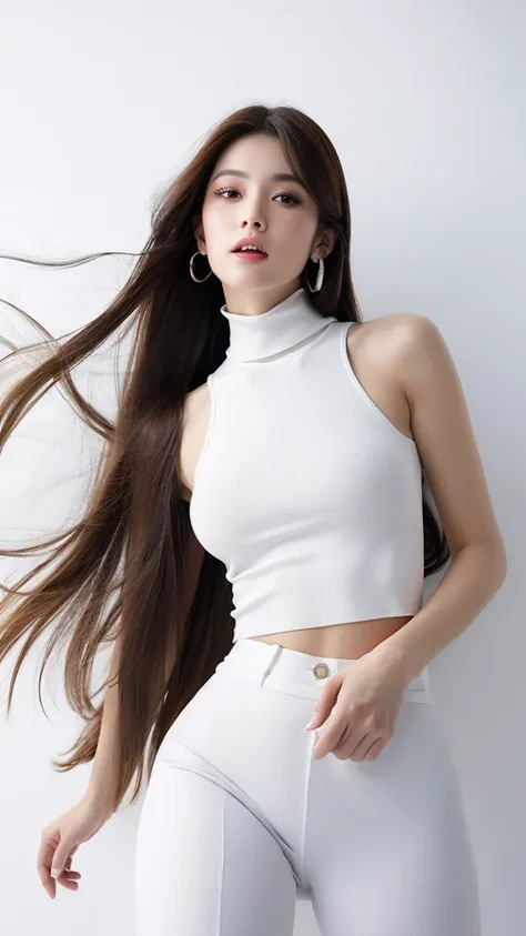 (detailed face),((crotch)),normal breasts,pretty,sleeveless and turtle neck white clothes,4k ,super high resolution ,(photo-realistic: 1.7),white background,long hair,BAUHAUS,