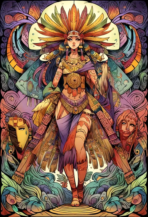 Full body, yellow woman, Aztec warrior with an elaborate hairstyle, black eyes, pastel details, midnight and dark purple makeup, in a whimsical and surreal art style with dark fantasy themes and dramatic lighting effects. Typical characters of inhabitants ...