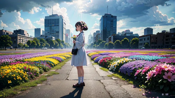 A vibrant flower blooms on the dirty ground of a large gray avenue. A crowd of gray, soulless people crosses the streets. A colorful , glowing with bright hues, stands protectively over the flower, protecting it with her little hands and determined eyes. S...