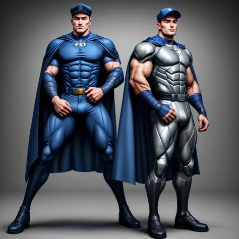 a full-body 3d male realistic model, wearing a full-body hero suit and cape in the pattern of a professional baseball uniform, a...