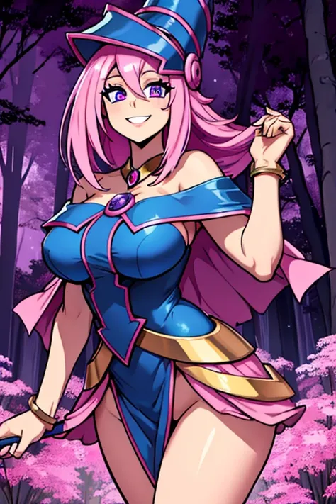 A pink haired woman with violet eyes with an hourglass figure in a dark magician girl outfit is posing in a dark forest with a big smile