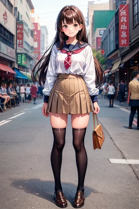 {of the highest quality], [Super beautiful], [Ultra fine], [best illustration], nsfw,Brown hair, hime cut, wide, with bangs, Girl,high school student,uniform,weave,skirt,smile, blush, Thin women, adult women,standing posture,(public),night park,summer fest...