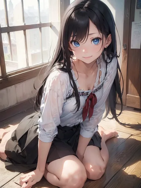 (((Highest quality, masterpiece, Realistic photos, Intricate details, RAW Photos, Super detailed, art CG))), Naivety、arrogant、Sharp Eye、smile ((With beautiful, straight, long black hair, Perfect details and blue eyes)), Sitting on the floor, Beggar, Top vi...