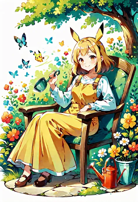 Draw a delightful illustration of Pikachu relaxing in a garden chair. Pikachu should be surrounded by blooming flowers and greenery, sitting comfortably with a smile. Include details like a watering can, garden tools, and butterflies flying around. The ove...