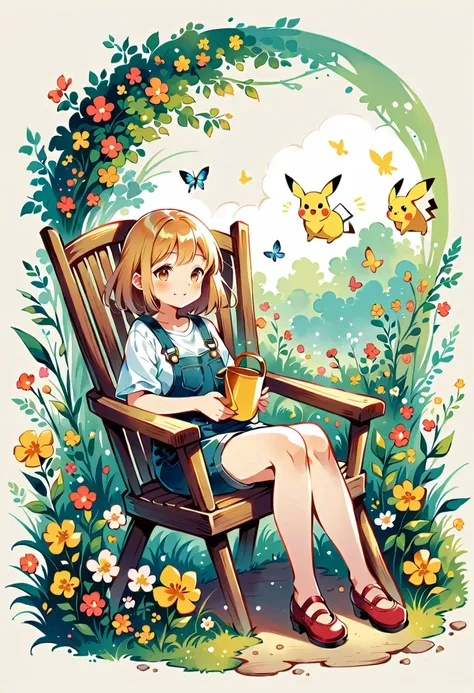 Draw a delightful illustration of Pikachu relaxing in a garden chair. Pikachu should be surrounded by blooming flowers and greenery, sitting comfortably with a smile. Include details like a watering can, garden tools, and butterflies flying around. The ove...