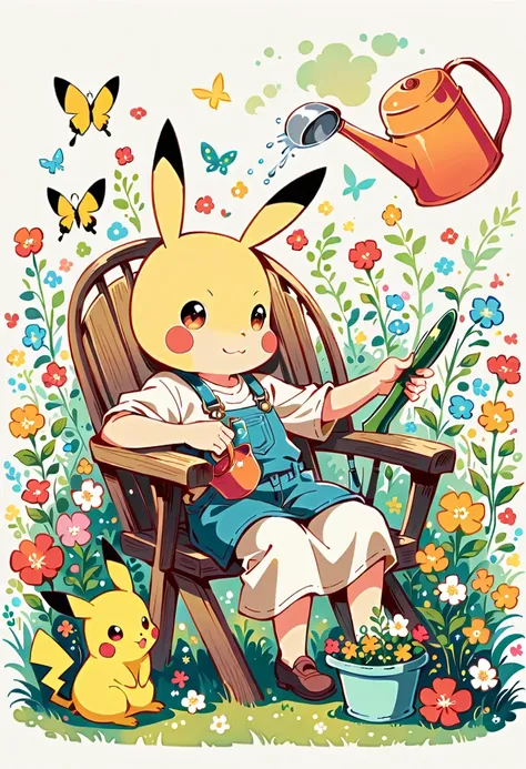 Draw a delightful illustration of Pikachu relaxing in a garden chair. Pikachu should be surrounded by blooming flowers and greenery, sitting comfortably with a smile. Include details like a watering can, garden tools, and butterflies flying around. The ove...