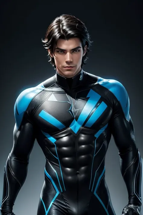 Half body focus photorealistic handsome hunky fractal masculine Teen titans Nightwing.. wearing a black onyx transparent crystal chrome glass super suit , look at camera, detailed face parts,, studio as background, Freestyle Pose, Happy Expression, perfect...