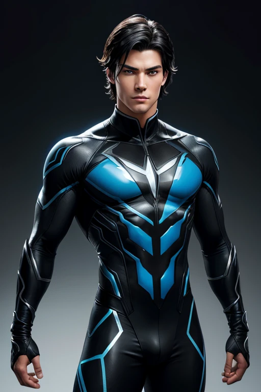 Half body focus photorealistic handsome hunky fractal masculine Teen titans Nightwing.. wearing a black onyx transparent crystal chrome glass super suit , look at camera, detailed face parts,, studio as background, Freestyle Pose, Happy Expression, perfect...