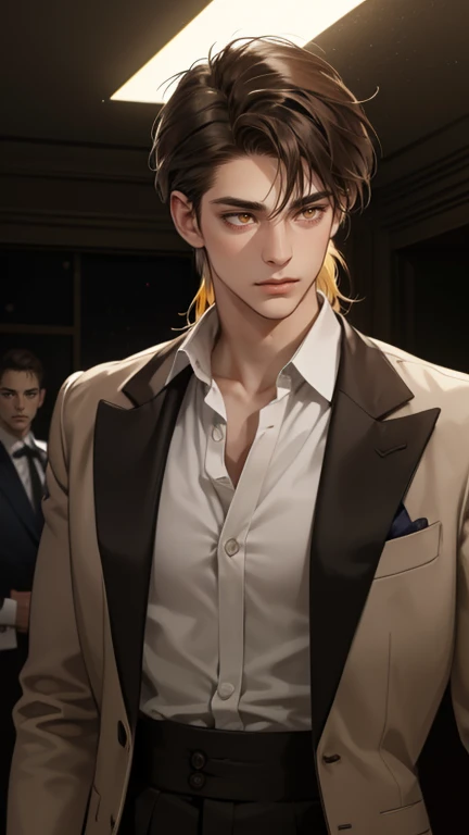 masterpiece, best quality, realistic, 1man, mature male, quiet and charming young man, 25 years old, close his eyes, serious look, extremely detailed face, ((yellow bright eyes)), ((dark black mullet messy hair)), bodyguard, ((Dressed in a suit), cinematic...