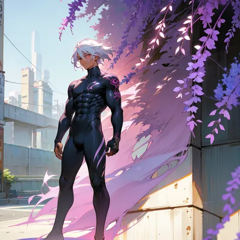 1male, young adult, dark skin, finely detailed plum eyes, wild medium hair, seashell white hair color, full body combat suit, standing on ruined building, day time, tokyo streets, somber expression, muscular, tattoos, wisteria flowers, scars