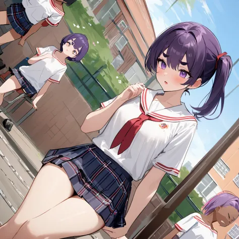 work of art, best qualityer, extremely detaild,dutch angle, アニメ,Suéter schoolyardr grande、plaid plaid skirt,skin tanned,15year old ,dark skin tiny body,smallbreast,baby face,hand between legs,break,multicolored dark purple hair,side ponytail,short hair wit...