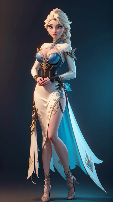 ((full body photo,Standing, Feet on the ground)) a 3D animation style full body model shot, fantasy art,  of a Elsa from Frozen, a exquisite beautiful Elsa (masterpiece, extremely detailed, best quality) LnF wearing white armor (masterpiece, extremely deta...