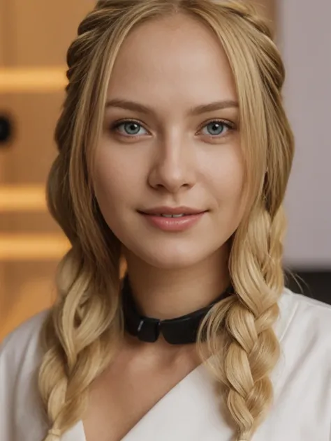 solo, realistic, photorealistic, natural lighting, (large forehead, (((Latvian woman))), (((Latvian nose))), (((Latvian eyes))), (((blonde))), (((braids))), (((Latvian face))), (((Latvian lips))), (((Latvian body))), (((fair complexion))) smiling, wearing ...