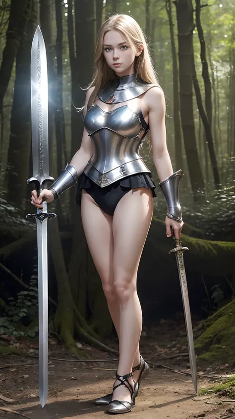 (((full body photo))), (photo realistic:1.4), (hyper realistic:1.4), (realistic:1.3),whole body,medieval europe,battle,(metal breastplate),thin,woman,15 years old,sleeveless, whitened skin, in the forest,black shoes,sword,girl,(legs without stockings),Lowe...