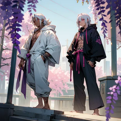 1male, young adult, dark skin, finely detailed plum eyes, wild medium hair, seashell white hair color, oversized hoodie, baggy pants, standing on building, day time, tokyo streets, somber expression, muscular, tattoos, wisteria flowers, scars