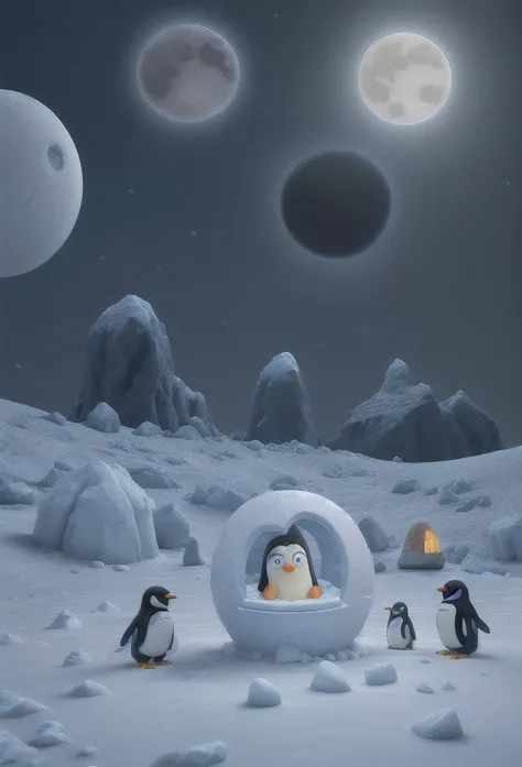 Penguins on moon, igloo in background