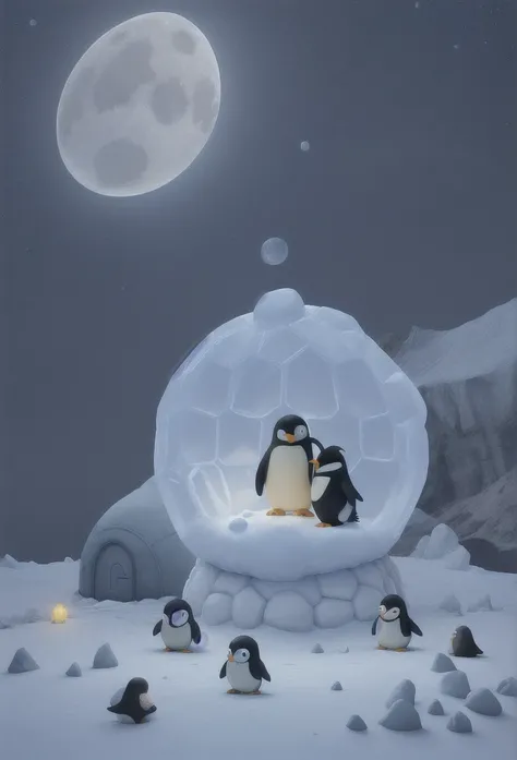 Penguins on moon, igloo in background