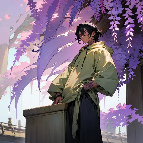 1male, young adult, dark skin, finely detailed plum eyes, wild medium hair, black hair color, oversized hoodie, baggy pants, standing on building, day time, tokyo streets, somber expression, muscular, tattoos, wisteria flowers, scars