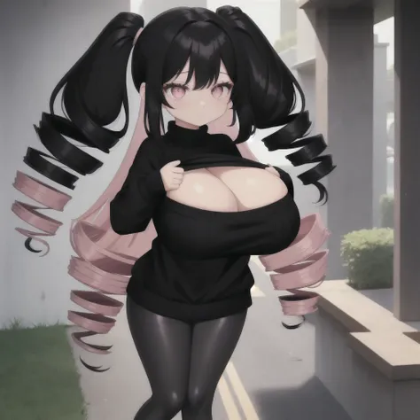 black hair, female, twin drills hair style, solo, smol, pink eyes, massive breasts, very long hair, wear open cut black sweater and leggings, masterpiece, ultra high quality