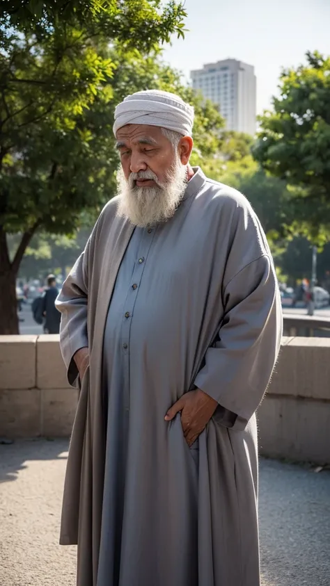 An old Muslim man who is in the midst of the hustle and bustle of urban or busy nature, but focused on prayer. In the background, you can see the splendor of nature or urban density, but the individual shows solemnity and calmness in carrying out his praye...