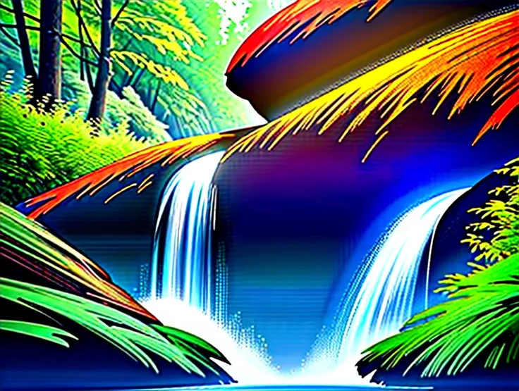 a serene forest landscape with a majestic waterfall cascading down, surrounded by lush green foliage, detailed realistic nature scenery, 1 girl standing by the waterfall, beautiful detailed eyes, beautiful detailed lips, extremely detailed face and feature...