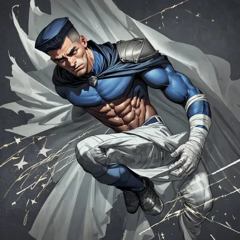 A full-body 3D male realistic model, wearing a full-body hero suit and cape in the pattern of a professional baseball uniform, a very short-haired, crew-cut, cool, dandy-looking, veteran-aged man with a shiny, sparkling blue cape that is longer than his bo...