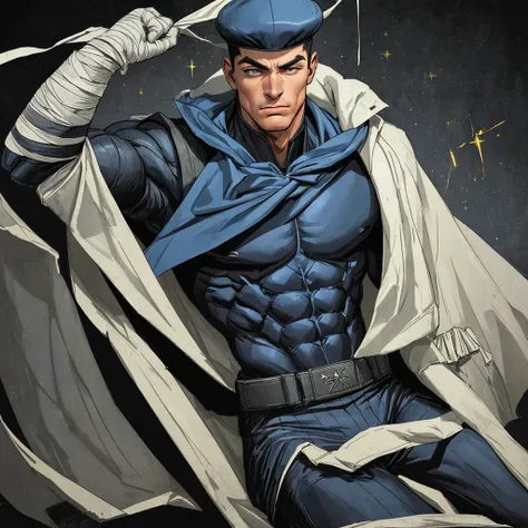 A full-body 3D male realistic model, wearing a full-body hero suit and cape in the pattern of a professional baseball uniform, a very short-haired, crew-cut, cool, dandy-looking, veteran-aged man with a shiny, sparkling blue cape that is longer than his bo...