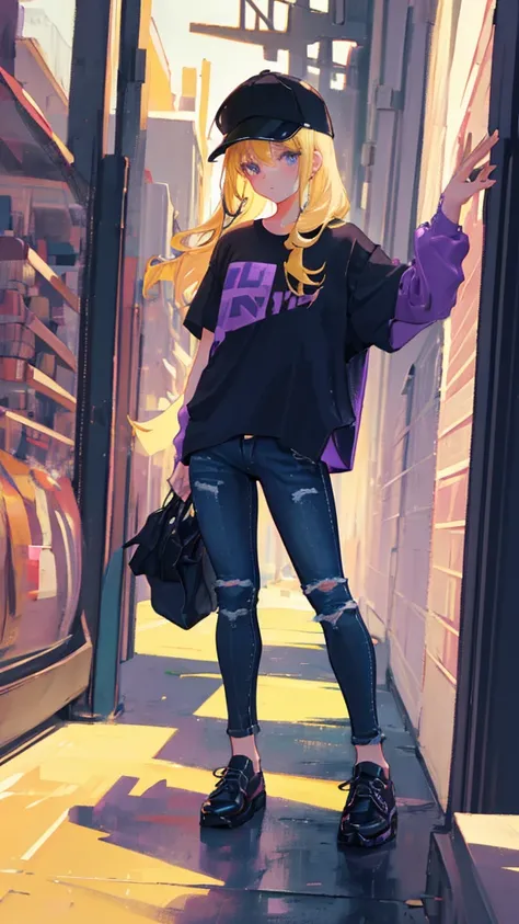 Girl with blonde hair wearing a black cap, a purple shirt, black jeans and black shoes