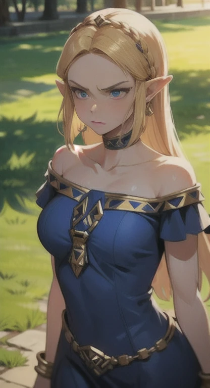 Sweating, Princess Zelda, park, dress, looking annoyed,