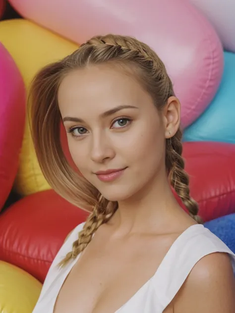 solo, realistic, photorealistic, natural lighting, (large forehead, (((Latvian woman))), (((Latvian nose))), (((Latvian eyes))), (((blonde))), (((braids))), (((Latvian face))), (((Latvian lips))), (((Latvian body))), (((fair complexion))) smiling, wearing ...