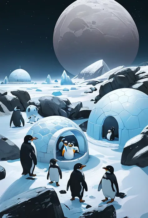 Penguins on moon, igloo in background