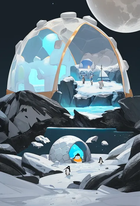 Penguins on moon, igloo in background